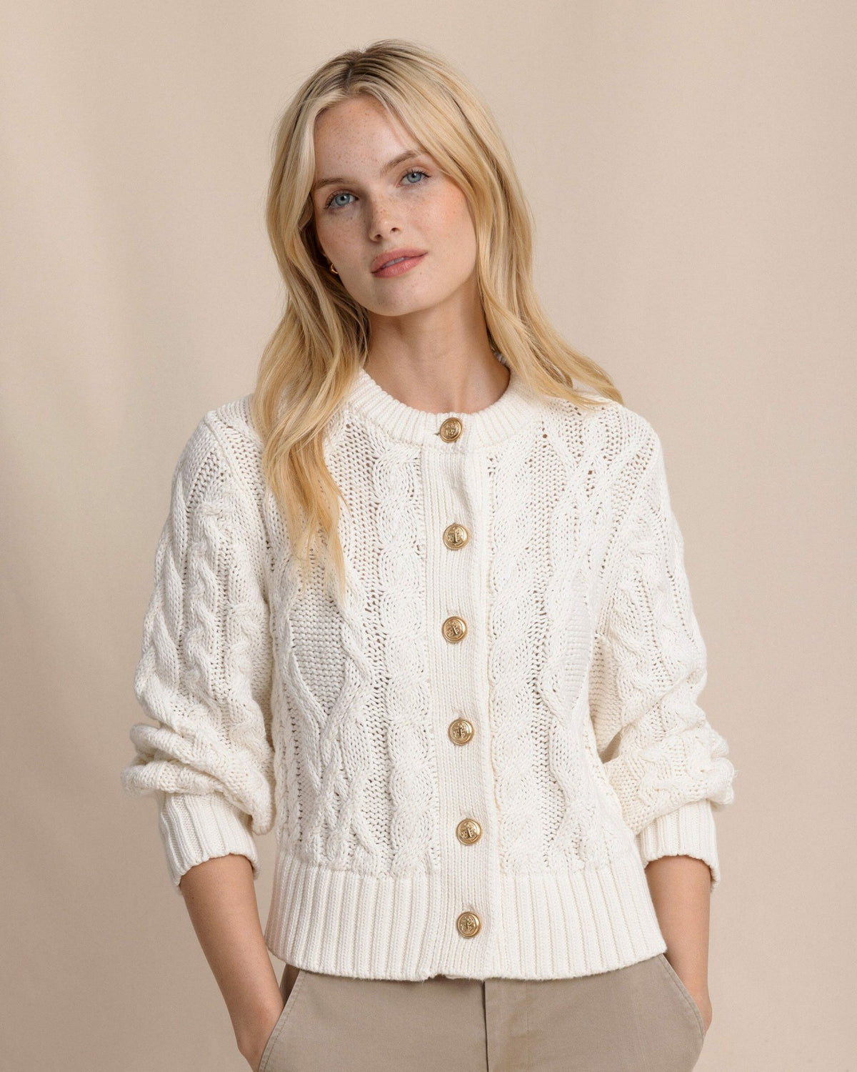 Clarke Cable Knit Cardigan - Sand White | Southern Tide Recommended