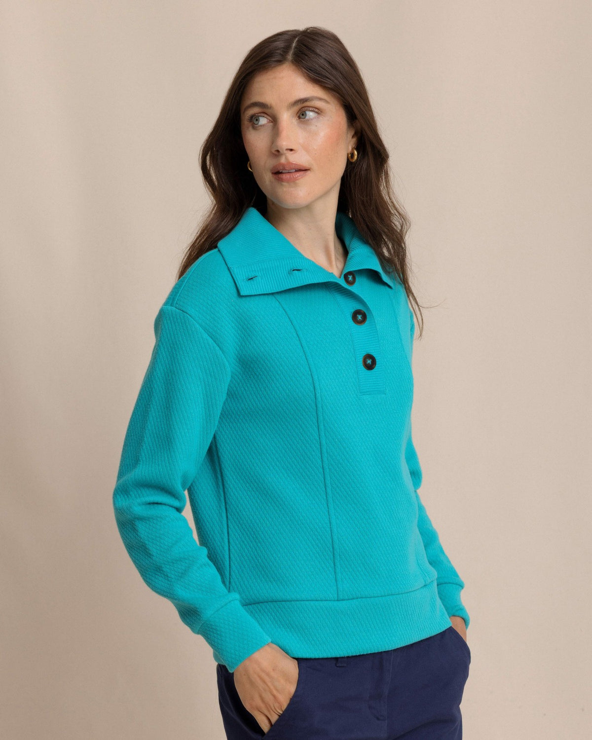 Tonya Button Mock Pullover - Teal | Southern Tide Trusted