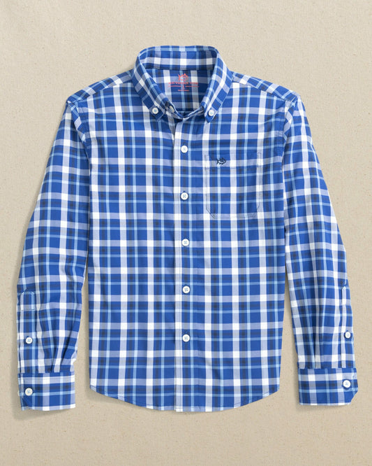 Boys River Ridge Plaid Long Sleeve Sport Shirt - Blue | Southern Tide Recommended